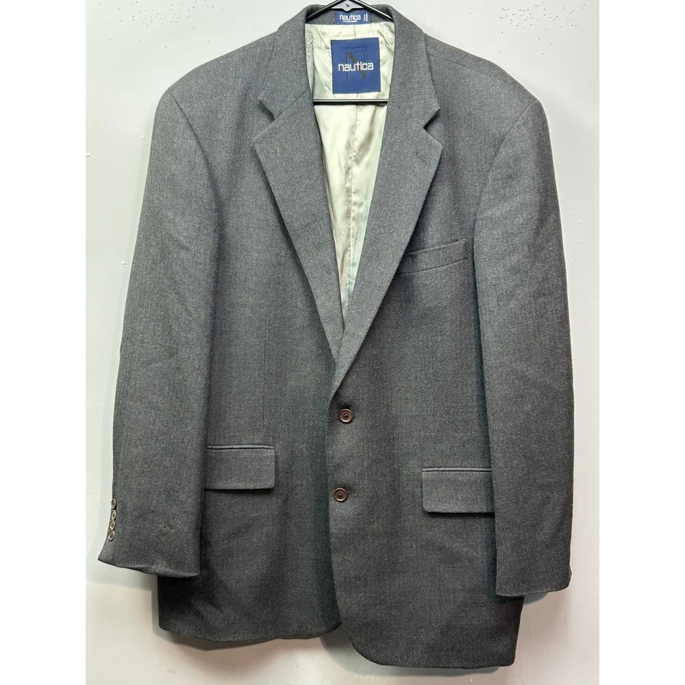 Nautica Mens 46L Wool Cashmere Herringbone Blazer Charcoal Grey Sport Coat‎ USA